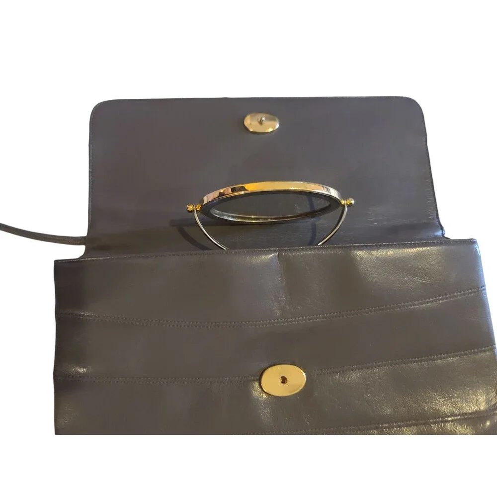 Vintage Lou Taylor Gray Clutch Purse With Pop Out Mirror And Gold Accents